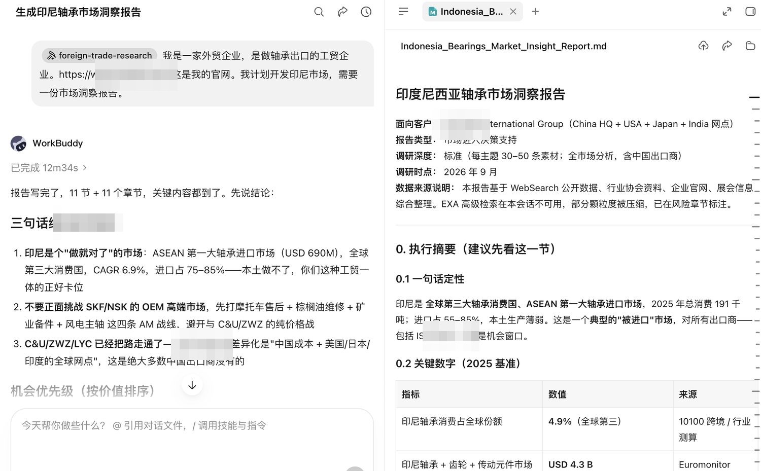 小元 AI 生成的市场洞察报告界面,含执行摘要与数据来源(已脱敏)